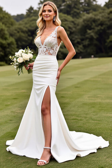 Ivory V Neck Sweep Train Satin Wedding Dress with Lace